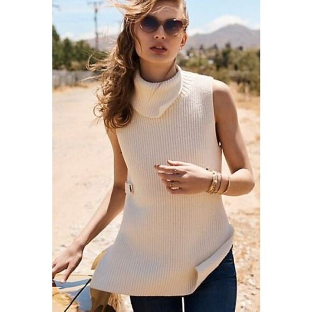 Anthropologie Alexa‎ Sleeveless Split Mock Neck Button Sides Cream Tunic Sweater